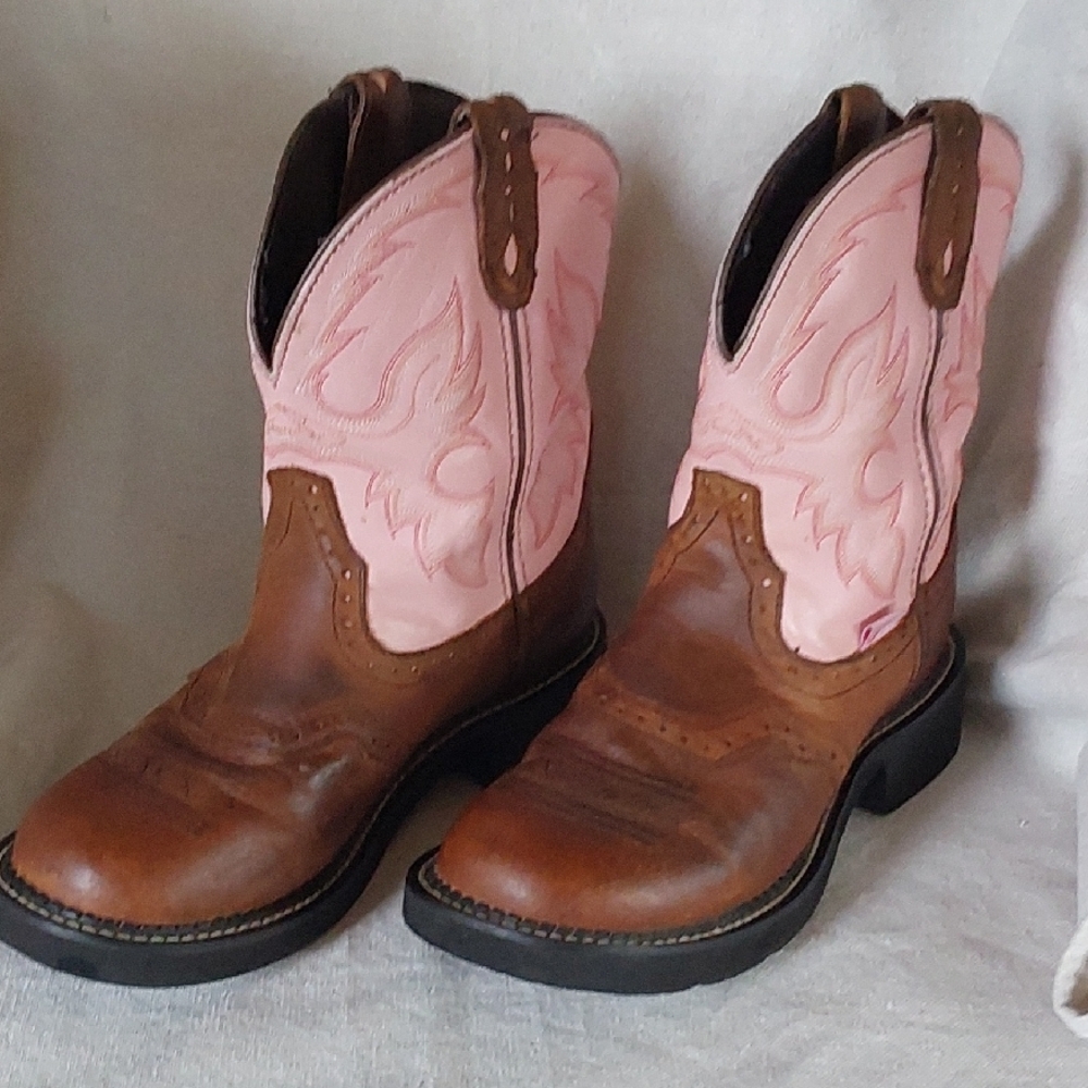 Brown Leather Cowboy Boots with Pink Embroidered Shaft